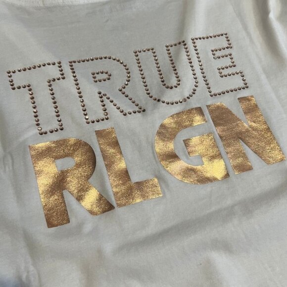 NWT TRUE RELIGION CRYSTAL TRUE RLGN Print VneckcTEE Rhinestone Style 207155 Sz L - Picture 6 of 9